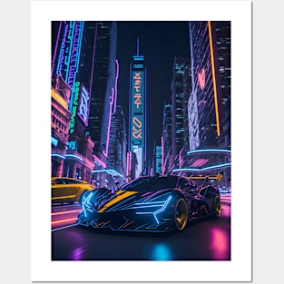 Dark Neon City Sports Car Posters and Art